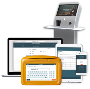 Image showing the various devices for using Phreesia: Arrivals station kiosk, laptop computer, tablet, mobile smartphone, and the PhreesiaPad