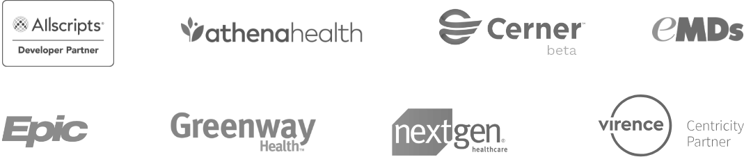 integrations-homepage-desktop-nov2018- Logos of Phreesia EMR and PM system patient data integration partners