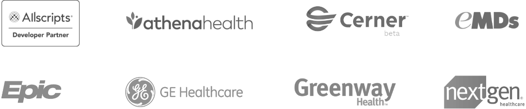 Logos of the EMR/PM system companies that integrate with Phreesia.