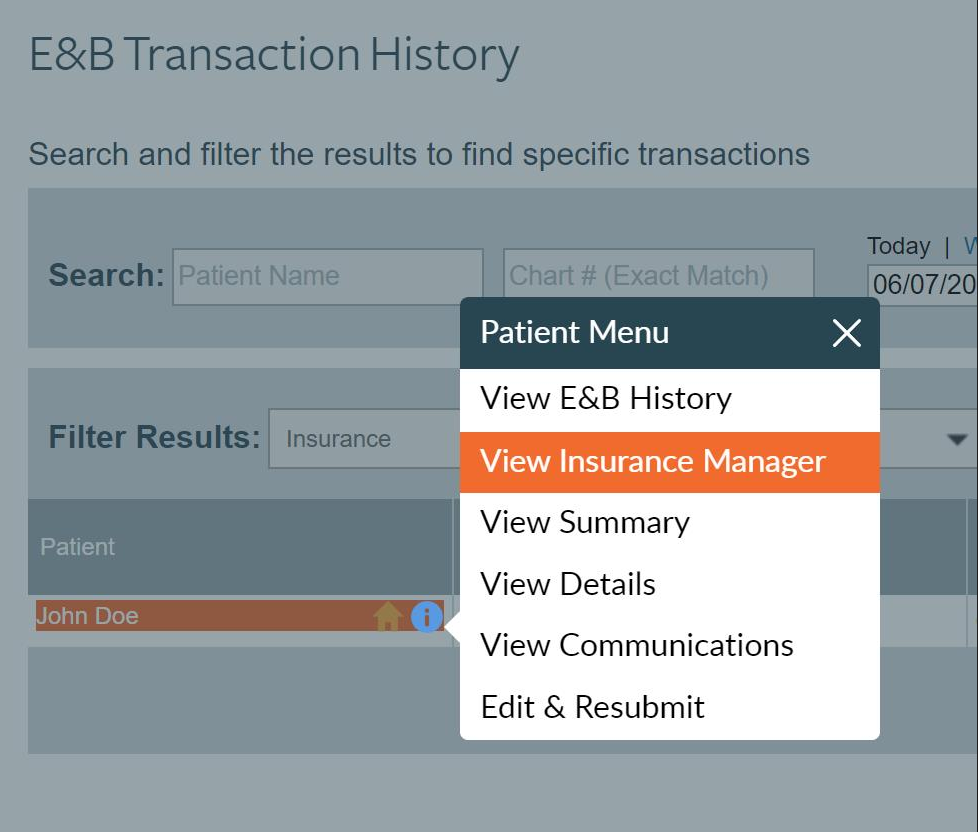 Screenshot of patient menu with View Insurance Manager highlighted 2