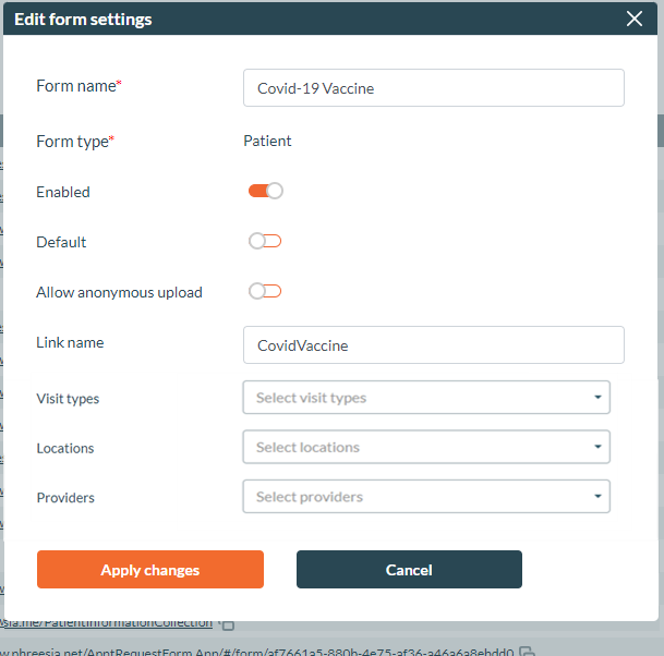 Edit form settings screenshot