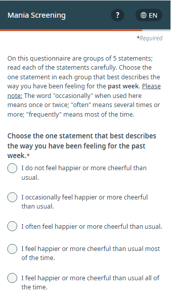 Mania screening questionnaire screenshot