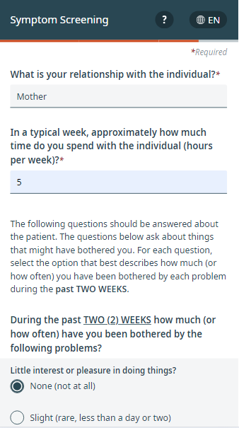 Symptom screening dashboard screenshot