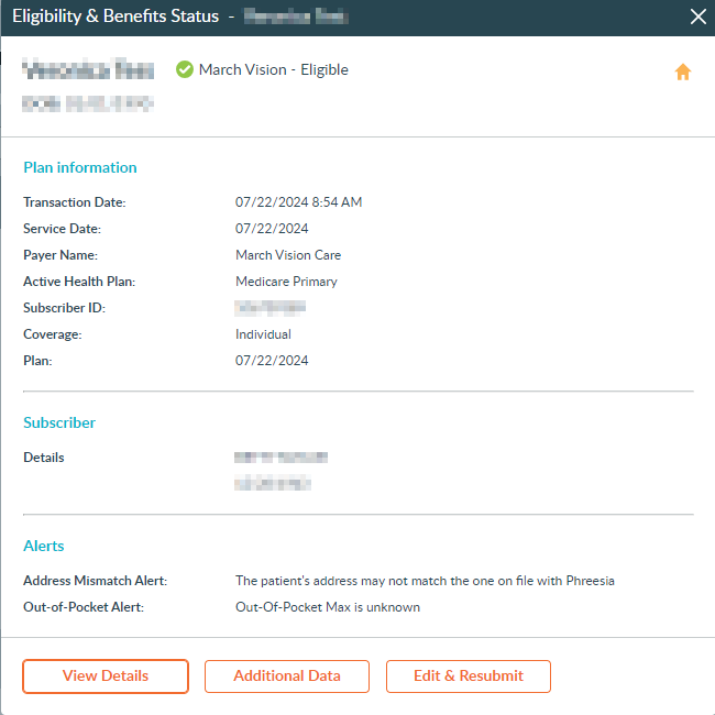 Eligibility and benefits status dashboard screenshot