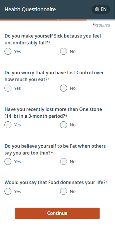 Health questionnaire screenshot