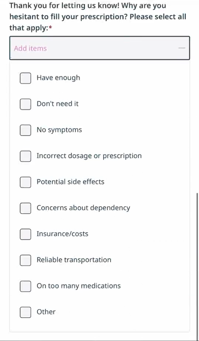 A screenshot of the Medication Adherence questionnaire