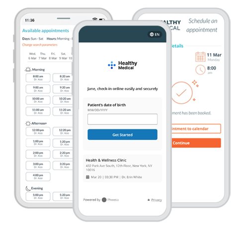 Photo showcasing three mobile screens from the Phreesia app - Welcome, available appointment calendar, and schedule an appointment