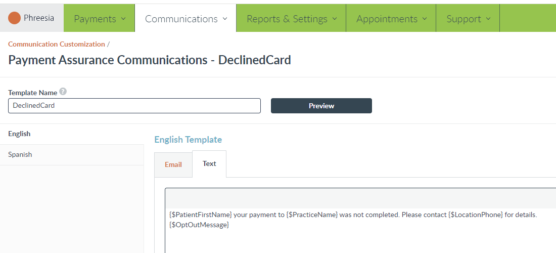 A screenshot of the Payment Assurance Communications screen