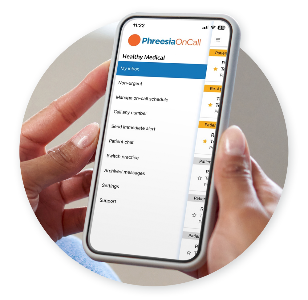 Closeup of hands holding a mobile phone with PhreesiaOnCall shown