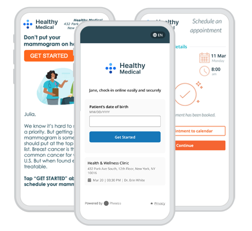 Screenshots showing Phreesia welcome screen, appointment screen, and targeted message email on mobile phone