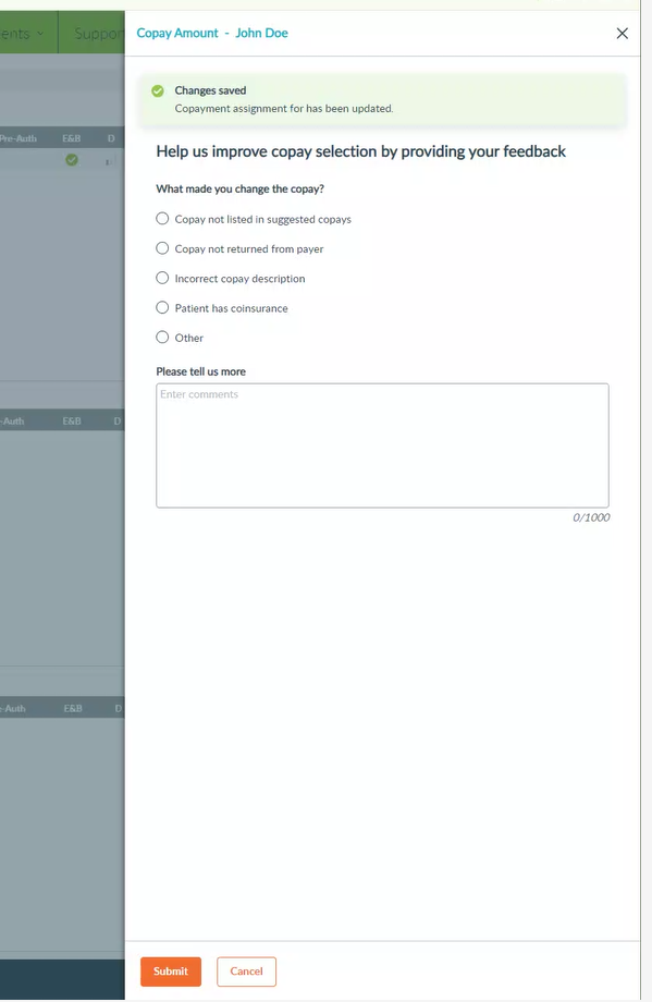 A screenshot of the copay feedback options