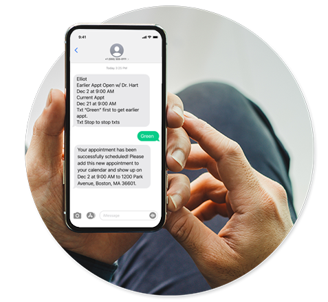 Closeup of Appointment Accelorator text message on phone screen