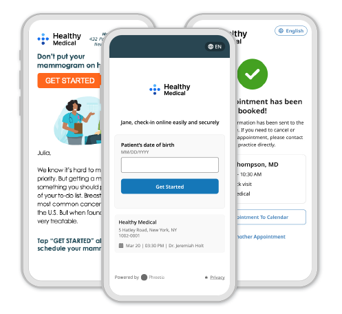 Screenshots showing Phreesia welcome screen, appointment screen, and targeted message email on mobile phone