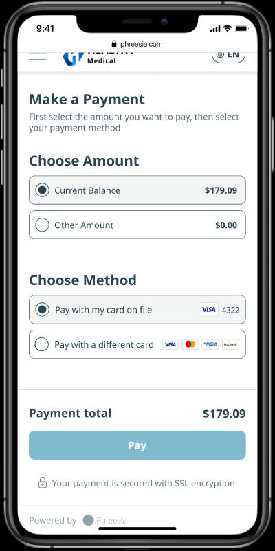 A screenshot of a smartphone displaying the option to make a payment via card on file