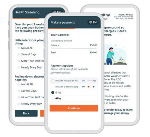 Screenshots of Health screening, make a payment, and email on mobile phone